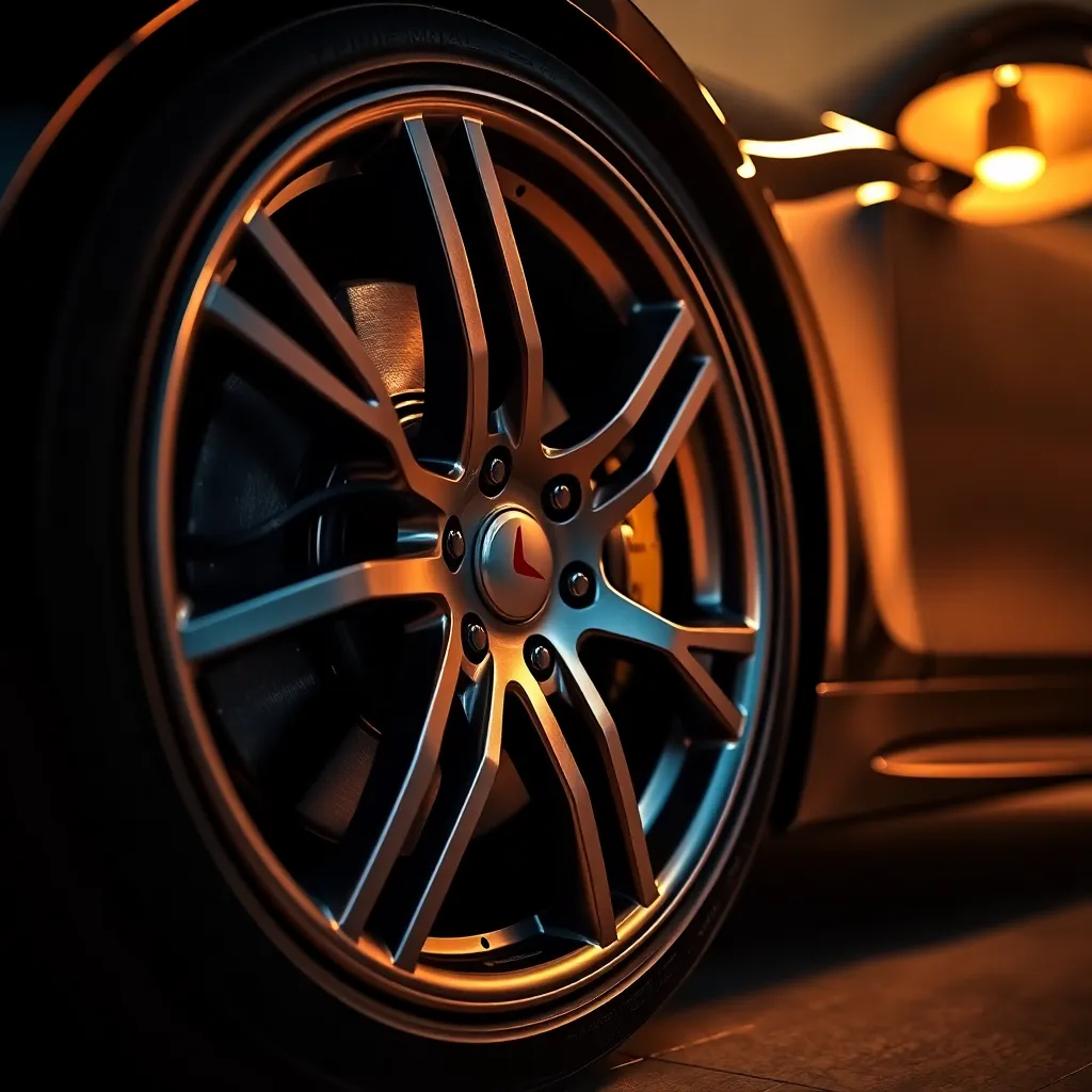 This stunning close-up reveals the exquisite detail of a luxury car's wheel and brake caliper, highlighting the craftsmanship in its design. Warm tungsten lighting accentuates the polished chrome, creating a striking contrast with the deep black rubber. The macro perspective brings attention to the intricate textures present in the wheel, while a soft blurred background enhances the focus on the subject. This image captures the elegance and sophistication of high-end automotive design.