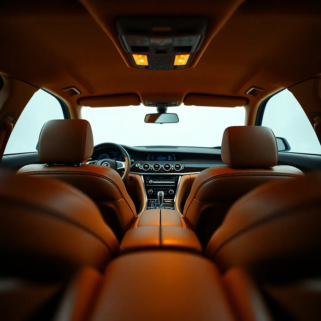 This stunning close-up of a luxury car's interior showcases opulent details and craftsmanship. Illuminated by soft studio lighting, the rich leather and polished surfaces glimmer invitingly. The warm tones associated with Kodak Portra 400 film enhance the inviting atmosphere, while shallow depth of field isolates key features such as the dashboard and intricate stitching, emphasizing the vehicle's luxurious appeal.