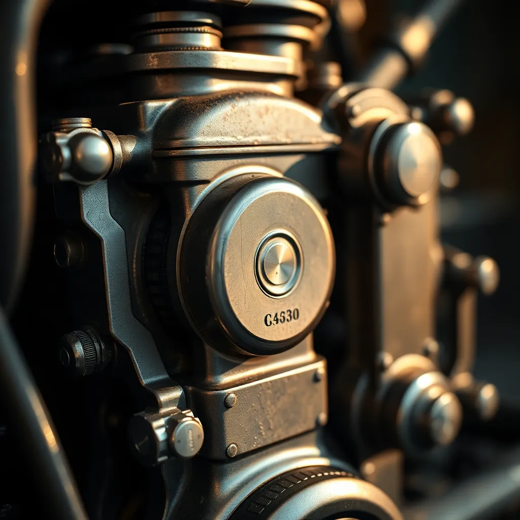 This detailed close-up captures the intricate textures and reflections of a vintage engine, showcasing the craftsmanship involved in its design. Illuminated by warm tungsten light, the engine reveals a palette of natural muted tones that add depth and character to the image. The hyperfocal focus brings every detail into sharp clarity, while the tight composition emphasizes the artistry of the mechanical components.