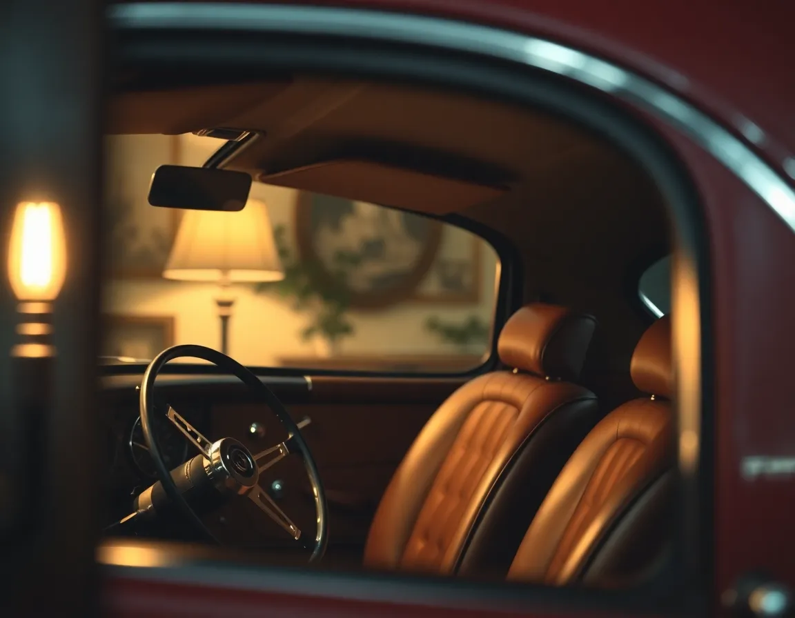 This intimate image features a vintage car displayed within a cozy indoor setting. The soft warm light from a tungsten lamp creates an inviting atmosphere, while the macro lens captures intricate details of the car's rich leather upholstery. The shallow depth of field beautifully isolates the car from the background, allowing its timeless design to take center stage. This image is perfect for showcasing automotive history and craftsmanship.
