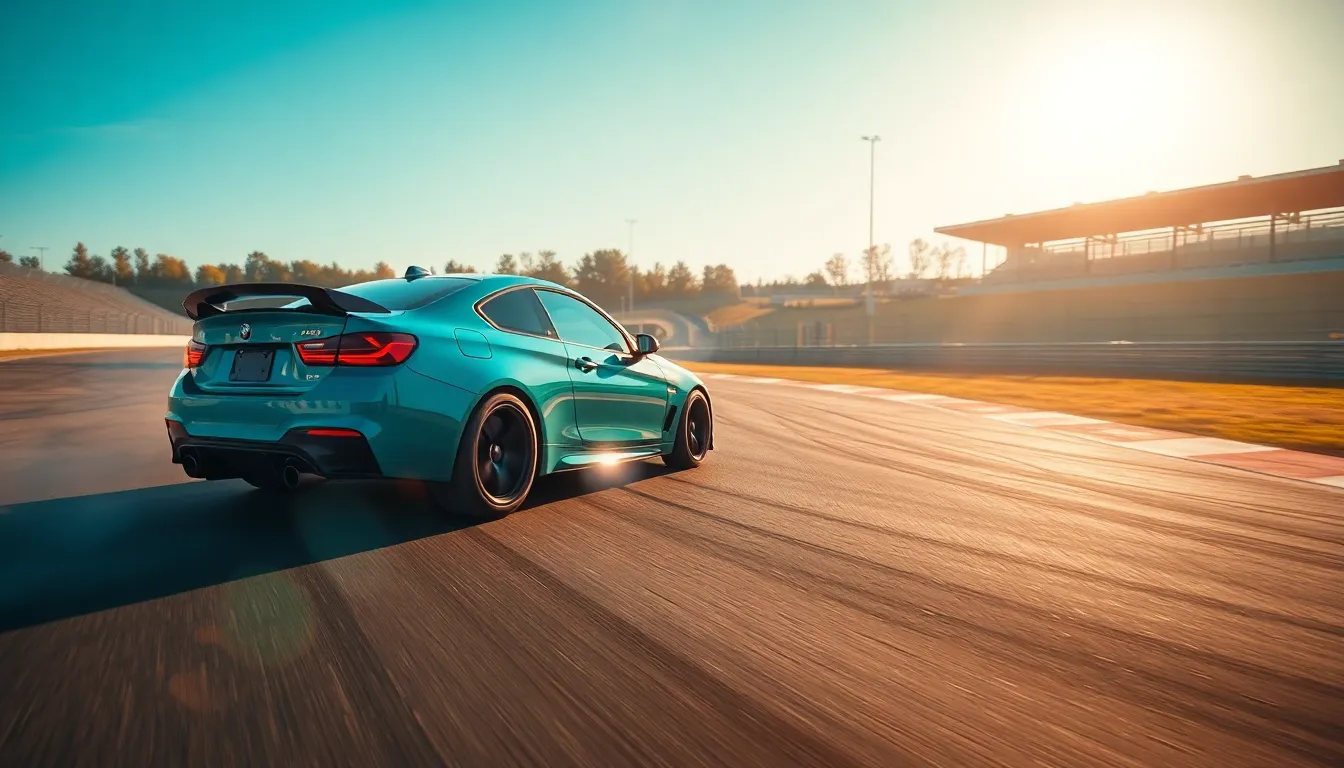 This action-packed image captures a car expertly drifting on a racetrack, showcasing the thrill of motorsports. Shot in late afternoon light, soft shadows enhance the dynamic composition created by a Dutch angle that adds excitement. The cinematic teal and orange color grading gives a modern feel to the scene, while the asphalt texture and tire marks emphasize speed and intensity. Perfect for action sports enthusiasts and automotive marketing.