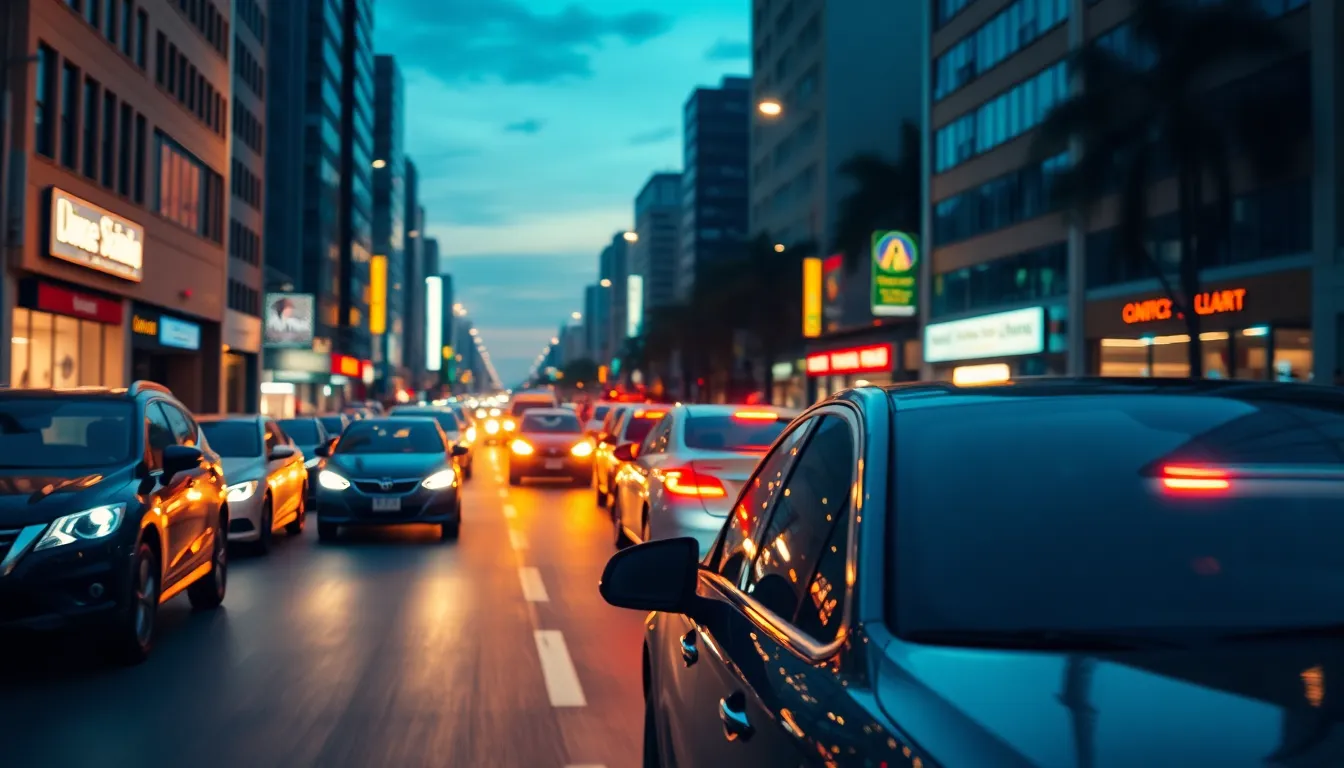 A vibrant urban street scene captures the essence of city life at twilight, featuring multiple cars in motion. Streetlights and neon reflections dance on the wet pavement, creating a lively atmosphere. The cinematic teal and orange color grading adds visual appeal, while a shallow depth of field draws attention to a specific vehicle in the foreground. This image reflects the energy of city living, ideal for urban lifestyle and transportation themes.