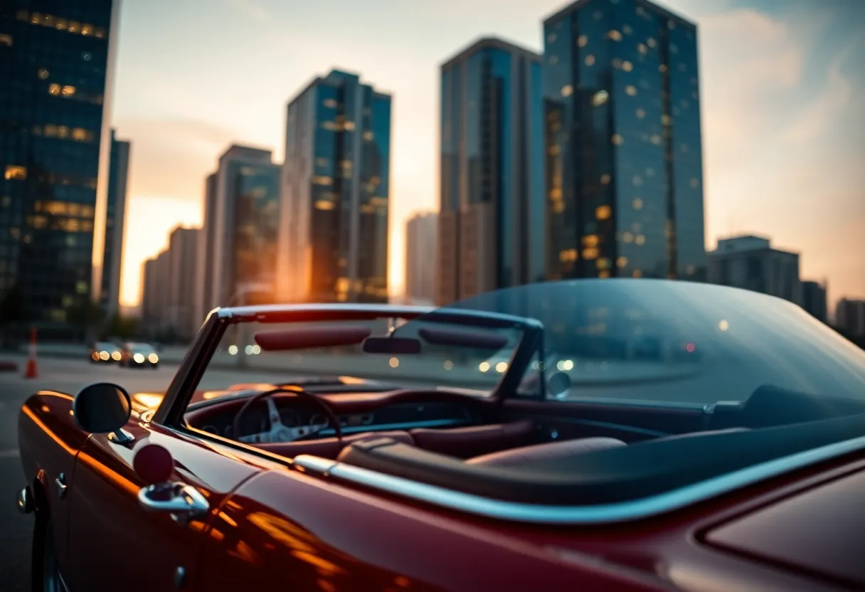 This captivating image presents a classic convertible silhouetted against a vibrant city skyline at dusk. The gradual transition from day to night creates an atmospheric backdrop, with city lights beginning to sparkle. The focus on the car emphasizes its timeless elegance, beautifully contrasted with the modern architecture. The soft bokeh and muted color palette evoke a sense of nostalgia and sophistication, making this a perfect representation of the interplay between past and present.