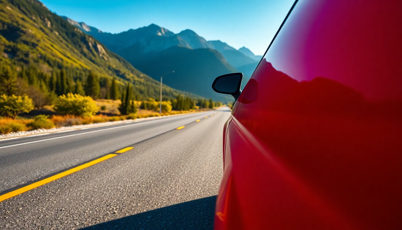 This dynamic image captures a red sports car speeding along a winding mountain road. Shot in bright sunlight, the sharp contrasts highlight the vehicle's sleek lines against the lush green surroundings. The vivid colors are enhanced with a Velvia-inspired palette, making the reds pop against the blues and greens of nature. The composition, with leading lines, draws the viewer's eye along the road and into the stunning mountainous landscape.