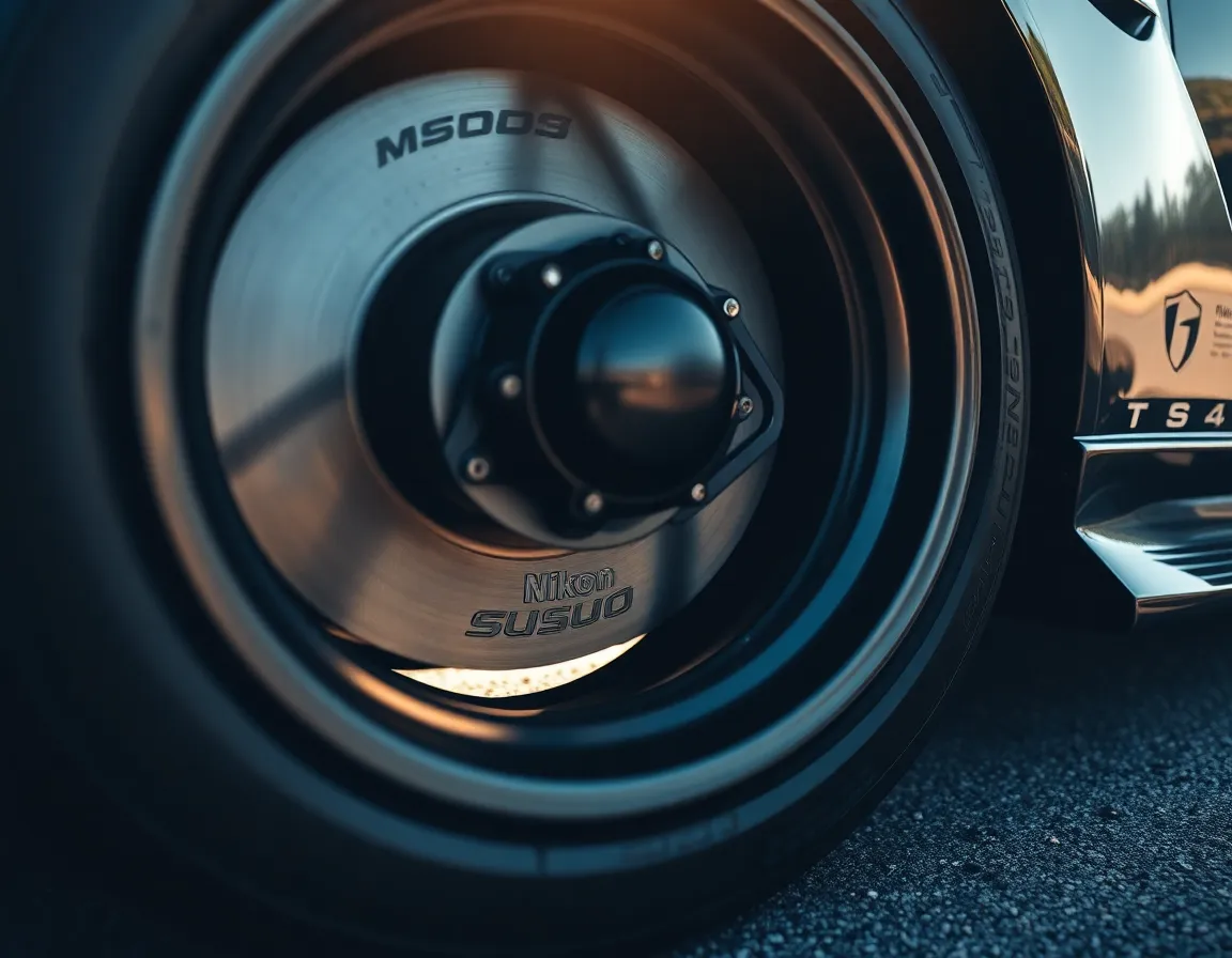 This dynamic close-up shot focuses on a high-performance racing car's tire and brake system during an intense racing event. Bright, intense lighting highlights the gleaming metal and textured rubber, creating a vivid representation of speed. Shallow depth of field enhances details in the tire while blurring the background racetrack. The image employs natural muted tones with desaturated colors, suggesting the adrenaline-fueled atmosphere of the race. Leading lines from the tire tracks guide the viewer's eye, intensifying the focus on the wheel.