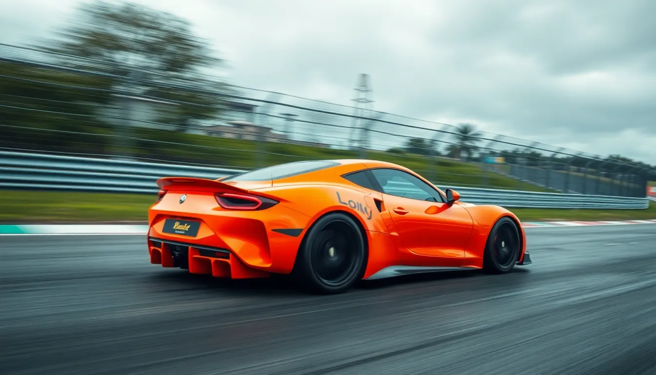 This dynamic image captures a high-speed race car racing along a track, framed dramatically under overcast skies. The powerful vehicle is shown in sharp detail, with a blurred background enhancing the sensation of speed and exhilaration. The soft light from the clouds highlights the car's striking colors, creating an intense visual impact. This composition emphasizes the adrenaline of racing and the precision of automotive engineering.