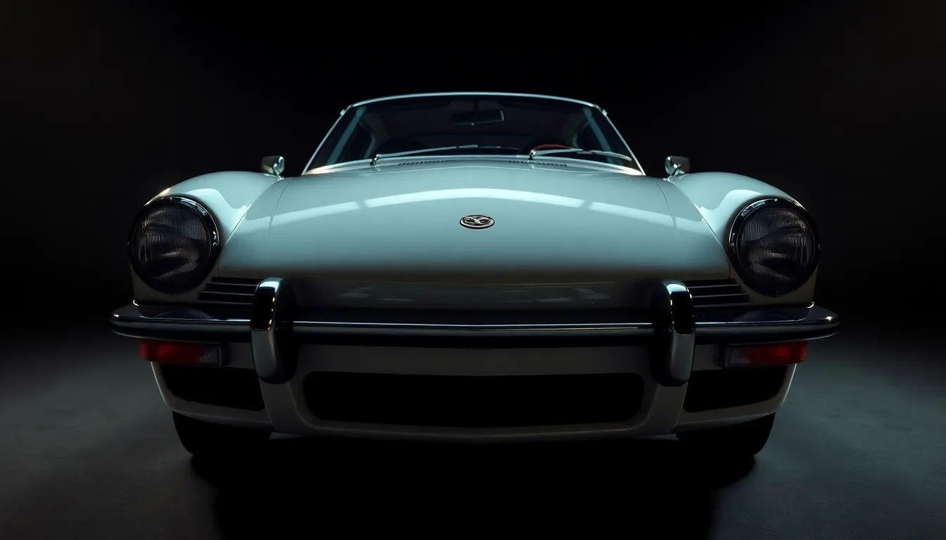 An elegant luxury sedan is beautifully illuminated in a studio setup, showcasing its polished chrome accents and sleek design. The soft highlights and warm tones create an inviting ambiance, while the dark background enhances the car's luxurious appeal. This photograph captures the essence of sophistication, perfect for automotive enthusiasts and luxury branding.