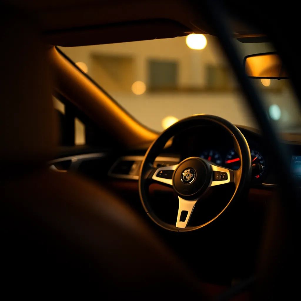 A stunning close-up of an elegant car dashboard, beautifully illuminated by warm tungsten lighting from within the vehicle. The image captures intricate details of the leather seats and reflective dials, showcasing high craftsmanship. Shot with a shallow depth of field, the background gently blurs, drawing attention to the dashboard. The use of natural muted tones creates an inviting atmosphere, making this an appealing image for luxury car marketing.