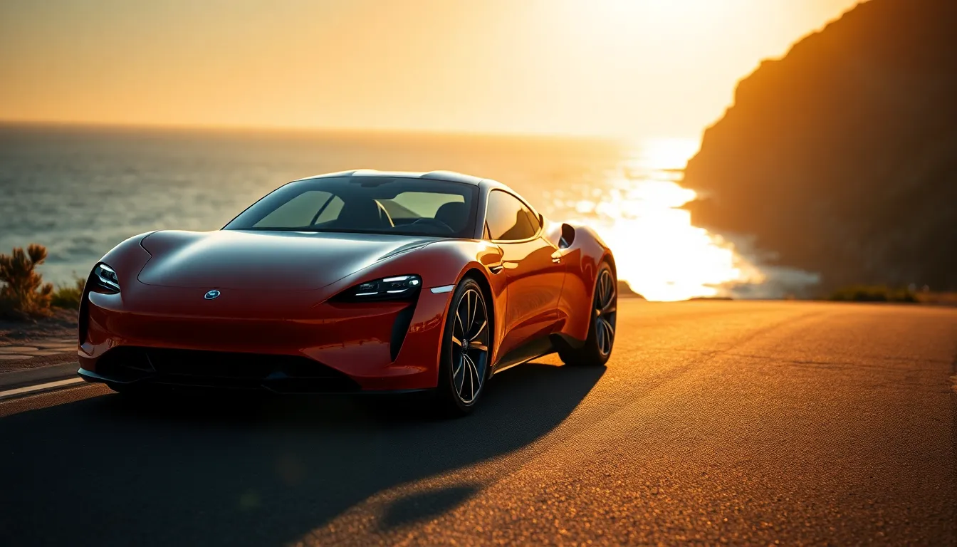 This image features a sophisticated electric sports car parked on a picturesque coastal road during golden hour. The warm sunlight caresses the car's exterior, highlighting its sleek lines and contours. The blurred background of ocean waves and cliffs further enhances the feeling of tranquility and adventure. The vibrant colors evoke a sense of luxury and freedom, drawing the viewer's eye towards the stunning landscape.