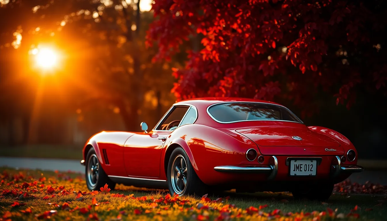 Vintage Sports Car in Autumn Leaves This stunning image captures a vintage sports car nestled among vibrant autumn leaves during the golden hour. The warm rim lighting highlights the car’s gleaming surface, while the rich colors fill the scene with warmth and nostalgia. The composition follows the rule of thirds, elegantly showcasing the vehicle against a backdrop of fallen leaves, creating a perfect blend of nature and automotive beauty.