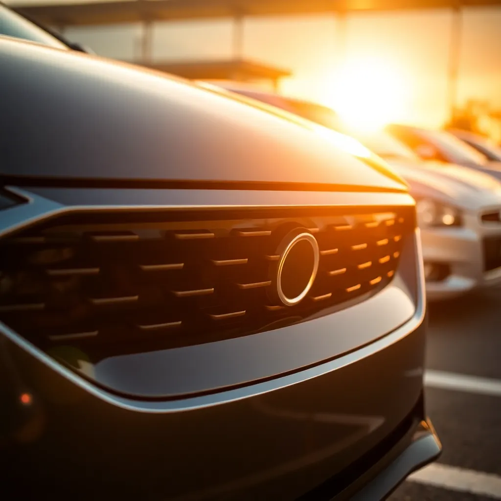 This stunning close-up image focuses on the front grille of a modern electric car, emphasizing the intricate design and luxurious materials used. Captured during golden hour, the warm light beautifully accentuates the polished aluminum and glass surfaces, creating a sense of sophistication. The shallow depth of field isolates the car's details against a softly blurred background, enhancing the viewer's focus on the craftsmanship. A centered symmetrical composition highlights the elegance, inviting admiration for the innovation and design of contemporary electric vehicles.