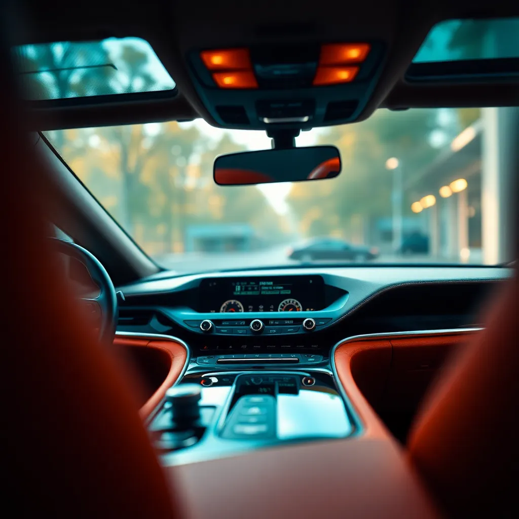 This detailed close-up image captures the luxurious dashboard of a high-end car, emphasizing the craftsmanship and technology within. Soft window lighting highlights the textures of premium materials, while cinematic teal and orange color grading adds a sophisticated touch. The centered composition allows viewers to appreciate the intricate details that define luxury automotive design.
