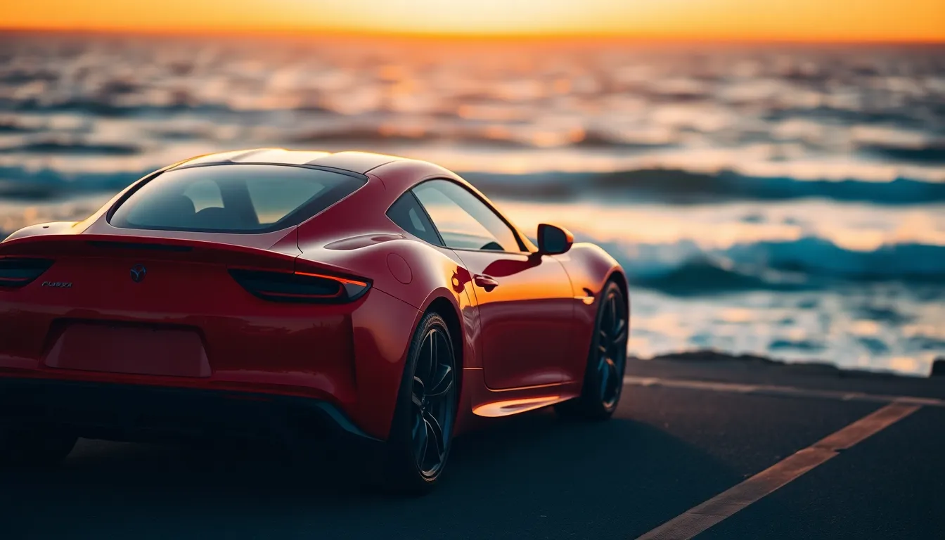 A stunning red sports car is captured in the golden hour, emphasizing its sleek lines and curves. The warm rim light adds a touch of elegance, while the blurred green foliage in the background enhances the overall beauty. With a shallow depth of field, the image draws focus to the car's shiny exterior and intricate details, creating a captivating scene filled with atmosphere.