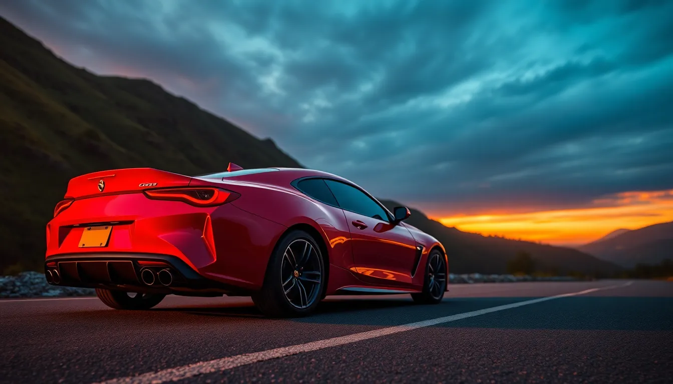 A magnificent red sports car gleams under the dramatic sunset, parked elegantly on a winding mountain road. The surrounding lush greenery complements the vibrant colors, creating a warm and inviting scene. With its sleek design reflecting the golden hour light, the image captures the essence of automotive beauty and adventure. The depth of field accentuates the car's details while the leading lines of the road draw viewers in, making it a perfect visual for car enthusiasts.