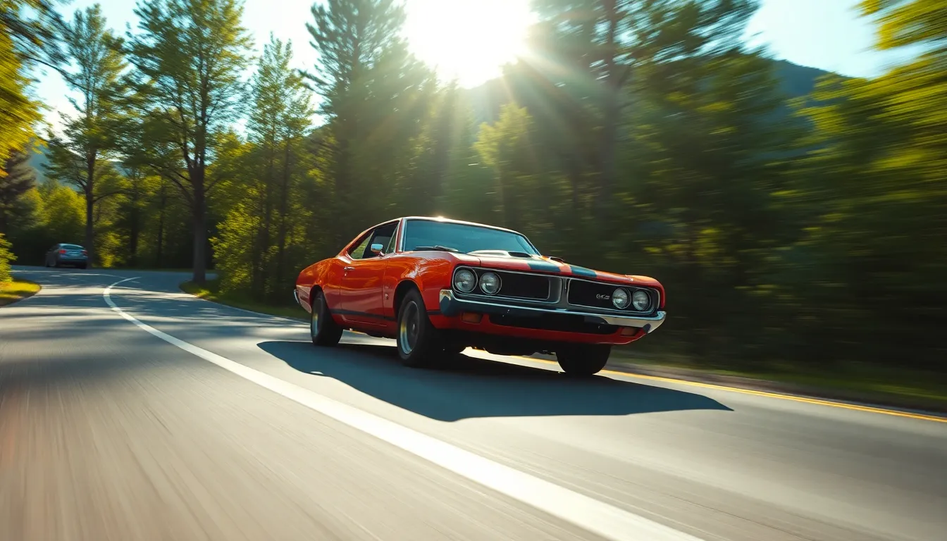 This thrilling image portrays a classic muscle car racing along a winding mountain road, surrounded by a lush forest landscape. The bright sunlight casts playful shadows, enhancing the car's dynamic movement. With a shallow depth of field, the background of vibrant green trees is beautifully blurred, drawing focus to the powerful vehicle. The cinematic coloring evokes a sense of nostalgia and adventure, showcasing the muscle car's timeless appeal against a stunning natural backdrop.