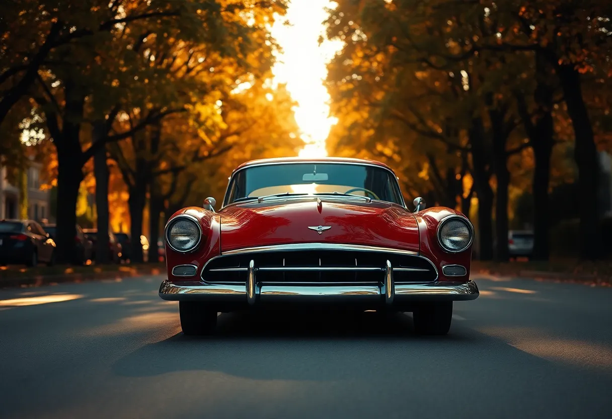 This enchanting photograph captures a vintage classic car parked on a tree-lined street during a bright autumn afternoon. The warm golden hour light enhances the glossy paint, while dappled sunlight creates a magical atmosphere. Rich reds and oranges of fall foliage frame the vehicle, drawing the viewer's eye. With a shallow depth of field, the background transitions into creamy bokeh, emphasizing the car's charm. The central composition, enhanced by diagonal lines from the trees, adds depth and intrigue.