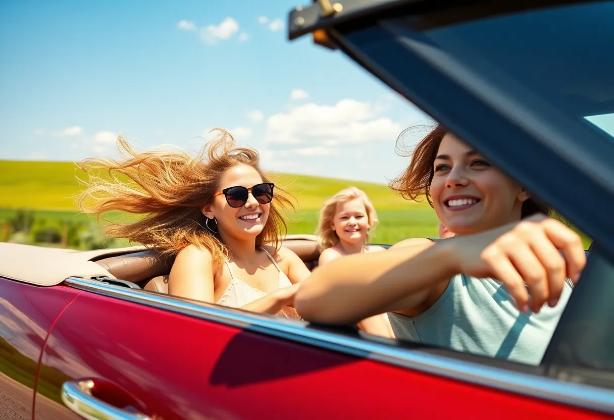 This joyful image captures a family riding in a convertible car on a bright summer day. Their wind-blown hair and delighted expressions convey the excitement and freedom of summer outings. Shot with vibrant colors and warm skin tones, the composition embraces a carefree atmosphere with the car positioned creatively in the frame. The blurred background of green fields and blue skies enhances the feeling of adventure and family bonding.