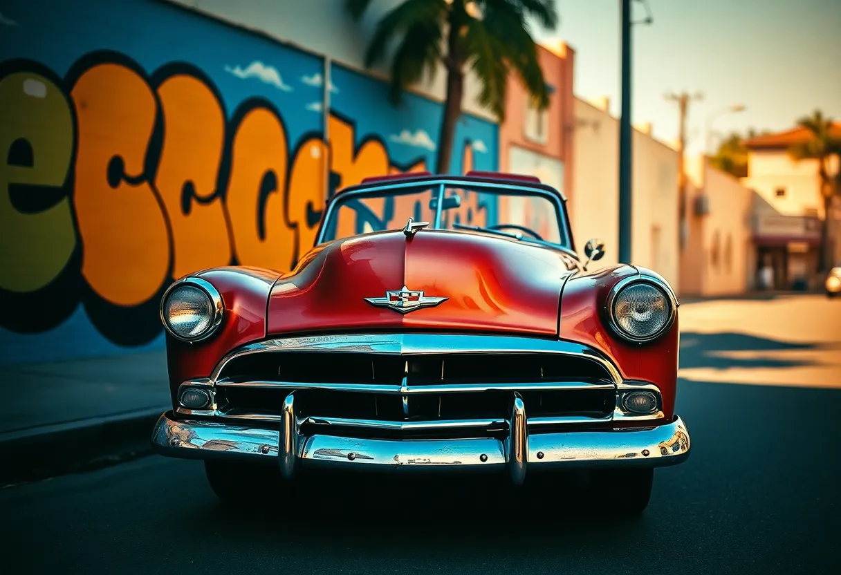 This vibrant photograph captures a classic vintage car parked alongside a bright city mural, set against the sharp contrasts of midday sunlight. The rich colors of the mural pop against the soft tones of the car, evoking a sense of nostalgia and adventure. With leading lines from the street guiding the viewer's eye, this image beautifully encapsulates the charm of urban exploration. The shallow depth of field accentuates the intricate textures of both the car and the mural.