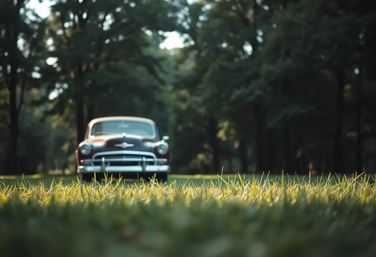 A charming vintage car is nestled in a serene forest setting, illuminated by gentle diffused daylight. The natural tones of the surrounding landscape create a peaceful environment, with the car beautifully framed off-center. The lush grass, glistening with morning dew, adds depth to the composition and highlights the car's classic design. The hyperfocal focus captures the tranquility of this moment.