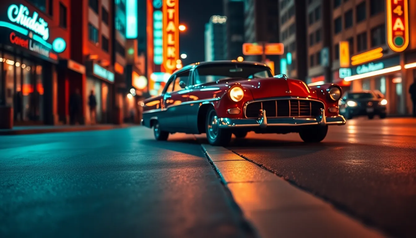 This captivating image features a classic vintage car parked on a bustling city street at night, illuminated by stunning neon reflections on the wet pavement. The use of teal and orange color grading enhances the dynamic atmosphere, merging the charm of classic design with modern urban nightlife. A shallow depth of field focuses on the car's intricate chrome details while the cityscape blurs into a soft background, creating a striking contrast. Leading lines guide the viewer's gaze towards the car, embodying the perfect blend of nostalgia and vibrancy.
