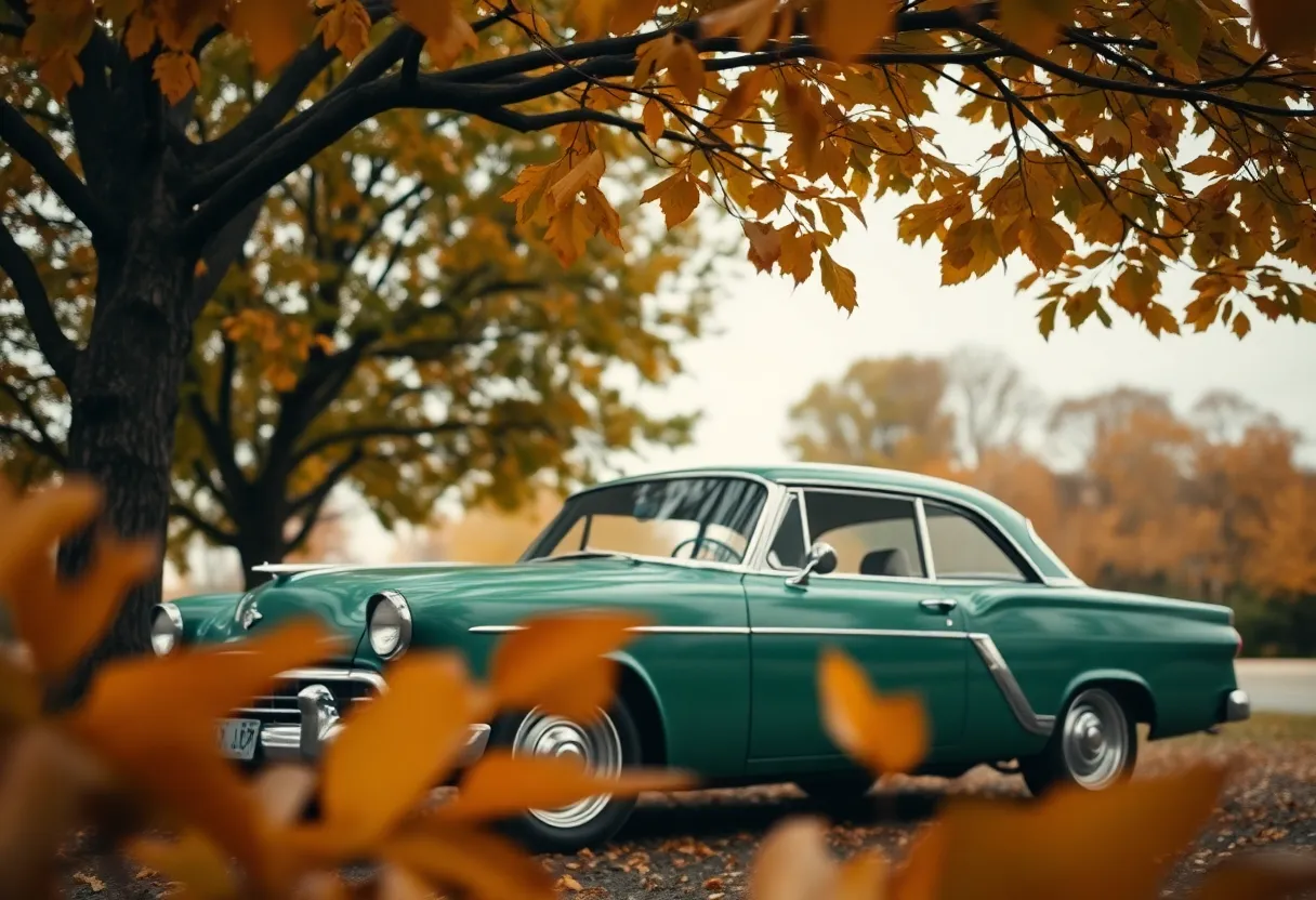 This nostalgic image features a charming vintage green car nestled among vibrant autumn leaves. Shot under overcast skies, the soft diffused light enhances the detailed textures of the car's surface and the changing foliage. Leading lines of the trees naturally guide the viewer's gaze toward the vehicle, creating a serene and inviting scene. The natural muted tones and rich colors evoke a sense of timeless beauty.