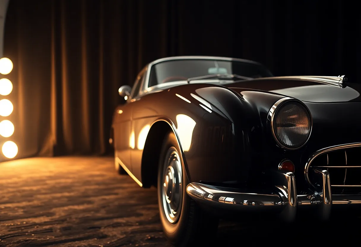 This stunning studio shot captures a classic vintage car, showcasing its polished chrome details and elegant lines. The soft lighting creates a nostalgic ambiance, while the dark velvet background emphasizes the car's shiny surface. The meticulous attention to detail invites viewers to appreciate the car's craftsmanship, making it a perfect image for classic car enthusiasts and automotive publications.