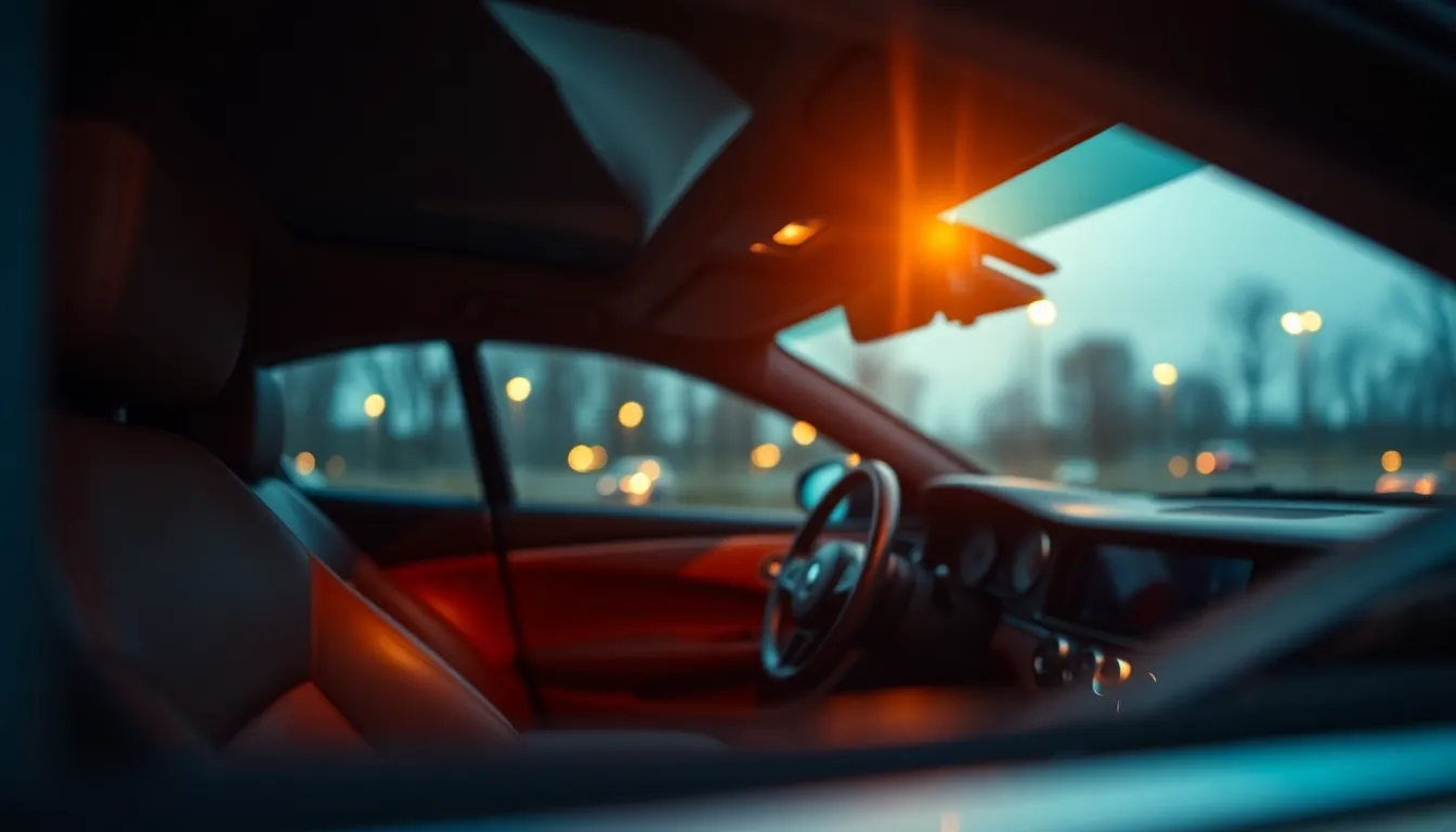 The luxurious interior of a stylish car is illuminated by the warm glow of a tungsten lamp. This shot beautifully highlights the rich leather upholstery and sophisticated dashboard, all set against a softly blurred background. The warm colors and detailed textures create an inviting scene, evoking a sense of comfort and elegance, perfect for high-end automotive marketing.