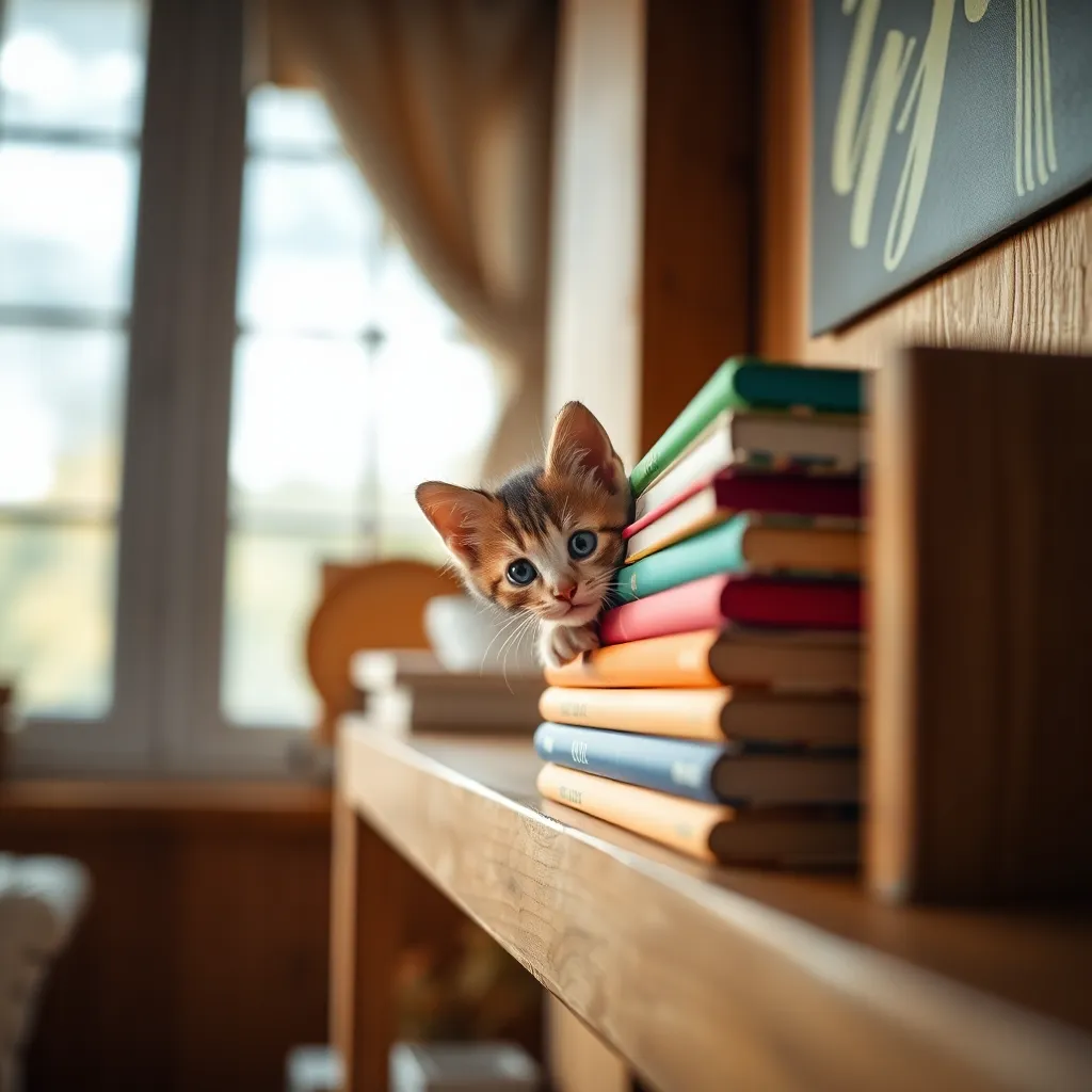 Curious Kitten Among Colorful Books