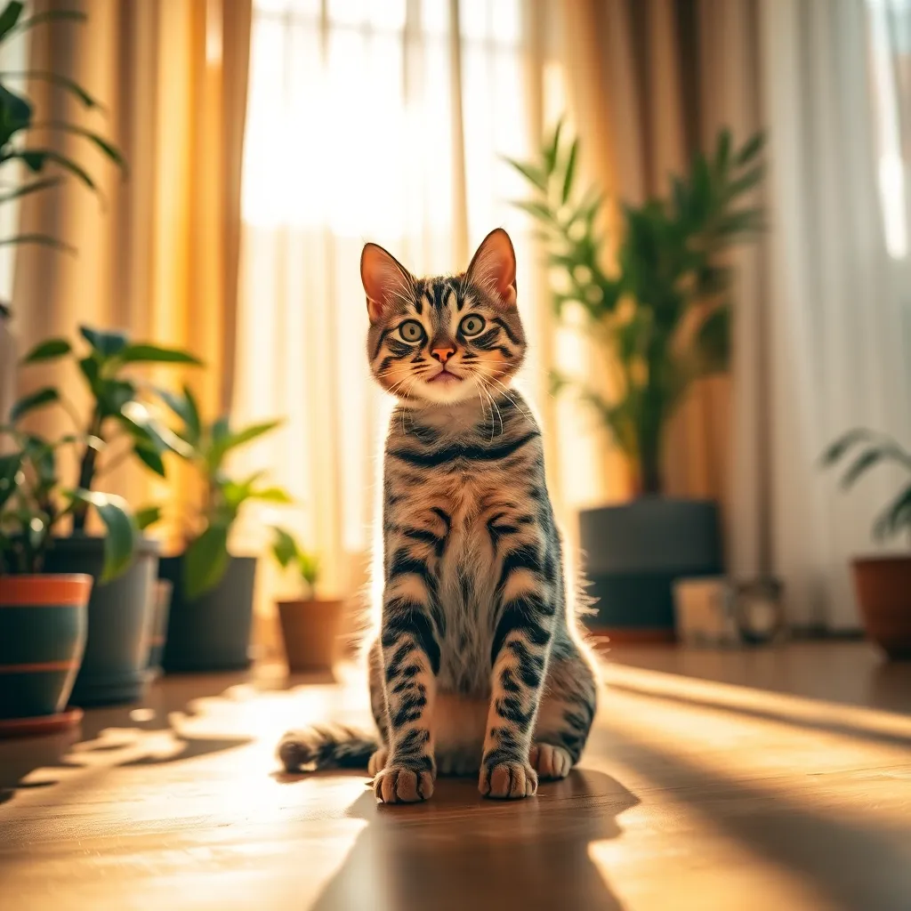 Playful Tabby Cat in Sunlit Living Room