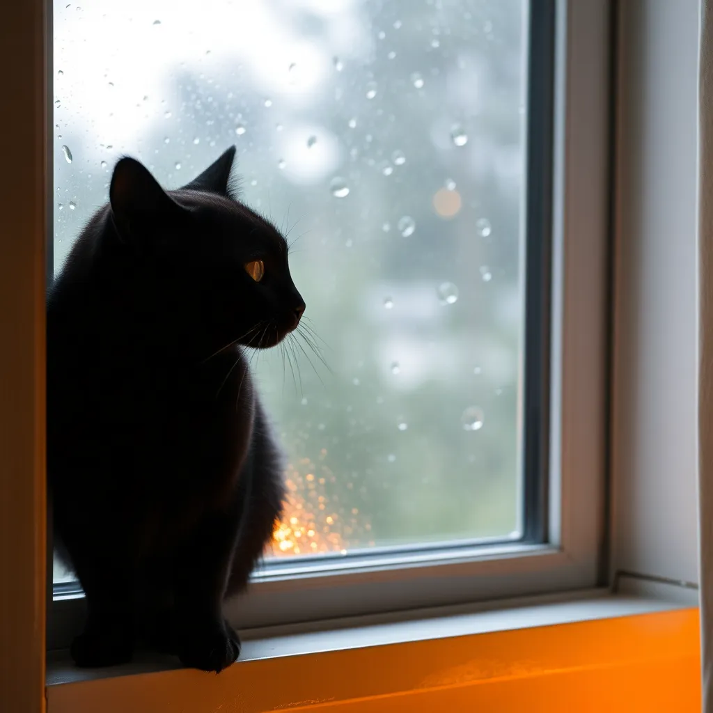 Black Cat on Rainy Windowsill