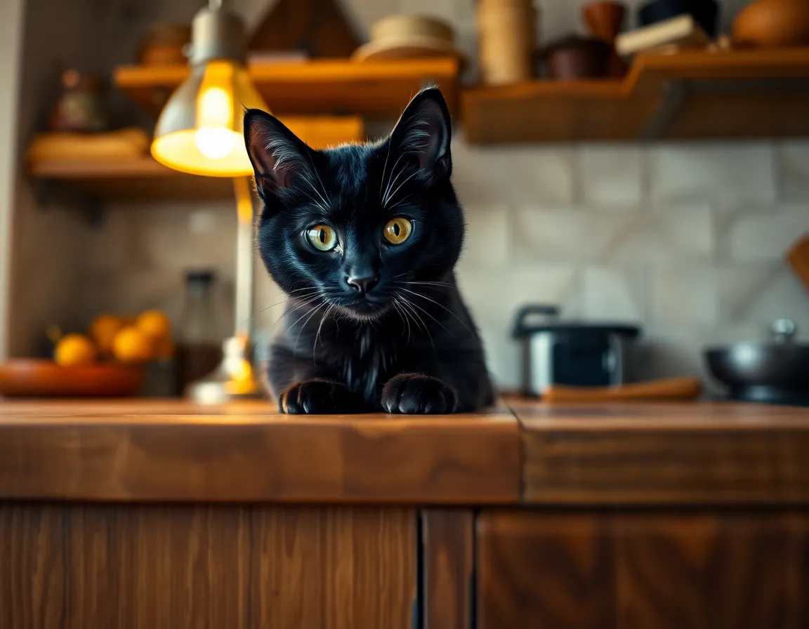 Curious Black Cat in Rustic Kitchen