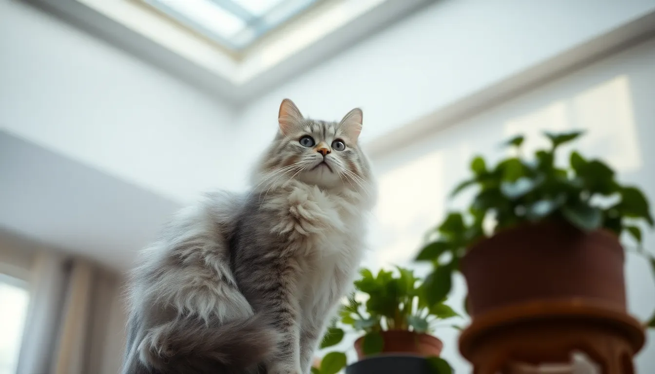 British Shorthair Cat on High Perch This elegant image features a fluffy British Shorthair cat perched high, gazing contemplatively at its surroundings. The soft, diffused daylight from an overhead skylight adds a magical quality to the scene, creating delicate light patterns around the cat. Focused sharply on its expressive eyes, the soft bokeh of the background enhances the sense of calm. The cool gray and soft white color palette evokes a serene elegance, making the cat the focal point in this sophisticated setting.
