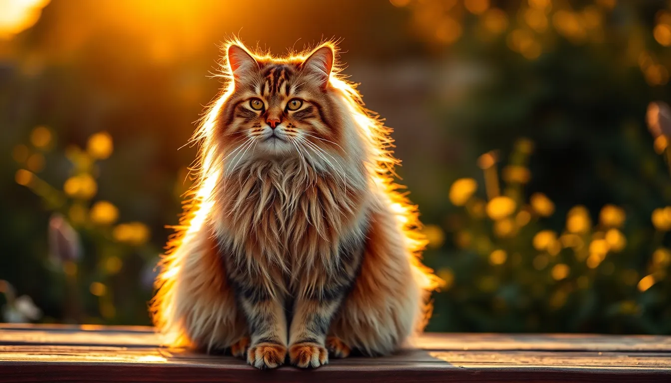 Regal Maine Coon on Garden Bench This striking image features a majestic Maine Coon perched regally on a rustic wooden garden bench. The warm golden light of the setting sun bathes the scene, highlighting the cat's impressive fur and creating a soft glow around it. Central symmetry in the composition accentuates the cat's grandeur, while the lush garden behind it enhances the tranquil atmosphere. The rich browns and warm yellows in the color palette evoke a sense of peacefulness.