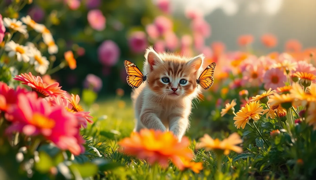 In a vibrant blooming garden, a playful kitten energetically chases a fluttering butterfly, capturing a moment of pure joy. Soft morning light bathes the scene, bringing out the rich colors of flowers and the soft texture of the kitten's fur. The lively atmosphere is amplified by the sharp focus on both the kitten and butterfly, creating an engaging visual that draws the viewer into the enchanting world of nature. This image beautifully encapsulates the innocence and curiosity of youth.