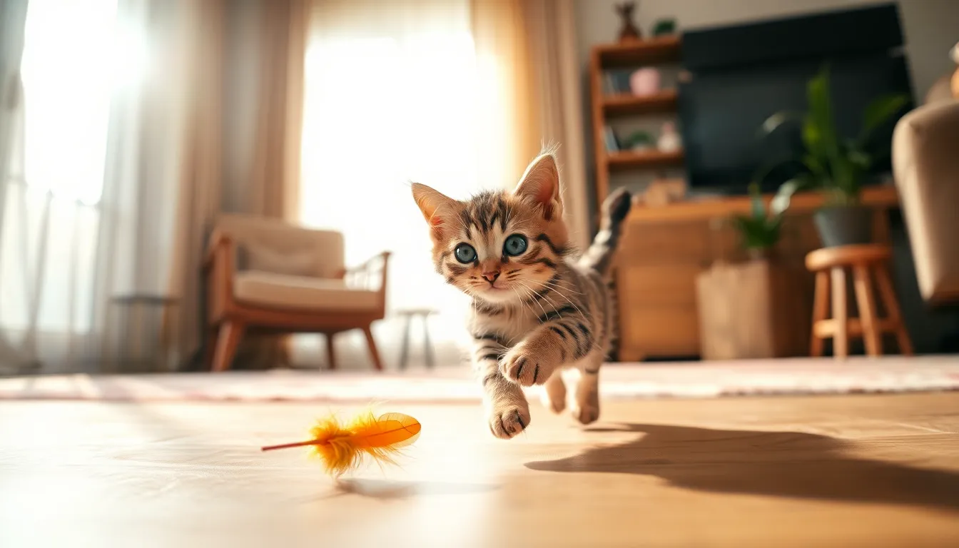 Playful Tabby Kitten in Living Room This vibrant scene depicts a playful tabby kitten energetically chasing a feather toy in a bright living room. Soft daylight filters through sheer curtains, creating a joyful and lively atmosphere. The action is frozen perfectly, highlighting the kitten's playful nature and dynamic movement, while the blurred background evokes a sense of space. The warm earthy tones combined with vibrant colors bring a cheerful vibe to the composition.