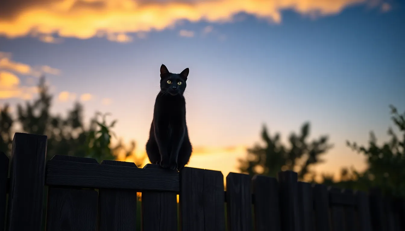 A striking black cat sits elegantly on a vintage wooden fence at twilight, its shiny fur glistening against the backdrop of a breathtaking gradient sky. The warm tones of the sunset turn to deep indigo, creating a magical atmosphere. The cat's poised demeanor suggests a watchful guardian of the evening. This captivating scene blends the beauty of nature with the enigma of feline grace, perfect for those who appreciate the mysterious charm of cats.