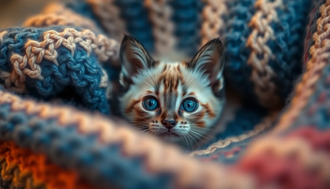 Siamese Kitten Peeking from Blanket This heartwarming image showcases an adorable Siamese kitten peeking out from underneath a colorful knitted blanket. The warm tungsten light bathes the scene, enhancing the cozy feel while creating soft shadows. The kitten's striking features are beautifully highlighted, with a dreamy backdrop that enhances its charm. The rich blues and warm creams in the color palette evoke a sense of comfort and warmth, drawing viewers into this intimate moment.