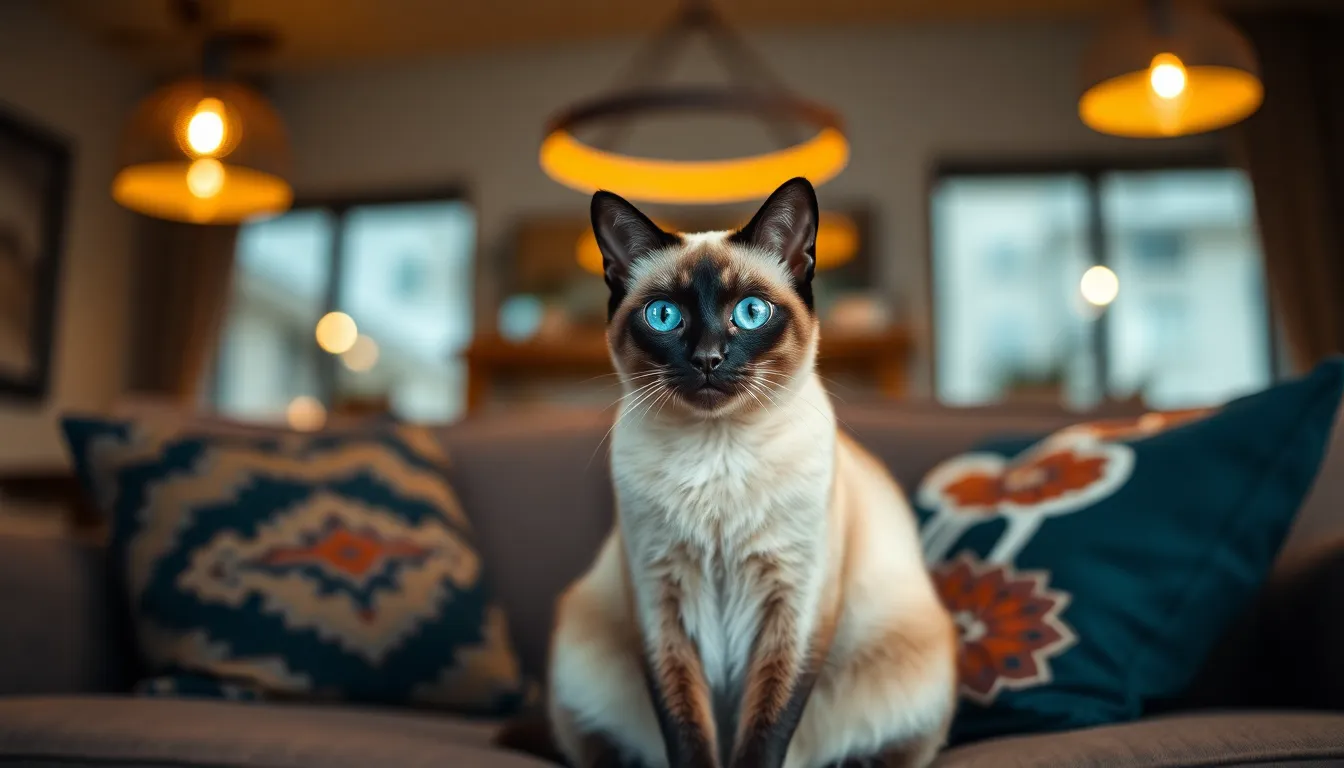 An elegant Siamese cat showcases its beauty as it sits gracefully on a modern couch, surrounded by a stylish interior. Warm ambient lighting from pendant lamps creates a cozy and inviting atmosphere. The striking blue eyes of the cat stand out against the blurred background, capturing the viewer's gaze. With its refined posture and the soft textures of the couch and cushions, this image exudes sophistication and charm, perfect for any cat lover's collection.