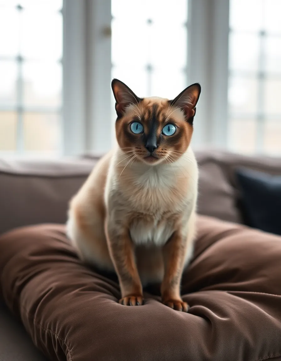 An elegant Siamese cat sits gracefully on a plush velvet cushion, its striking blue eyes capturing the viewer’s attention. The soft, diffused daylight from large windows creates an inviting atmosphere, enhancing the calm mood of the scene. The selective focus on the cat's eyes alongside the muted earth tones in the background adds depth and interest. The luxurious texture of the velvet cushion contrasts with the sleekness of the cat's fur, creating a harmonious balance.