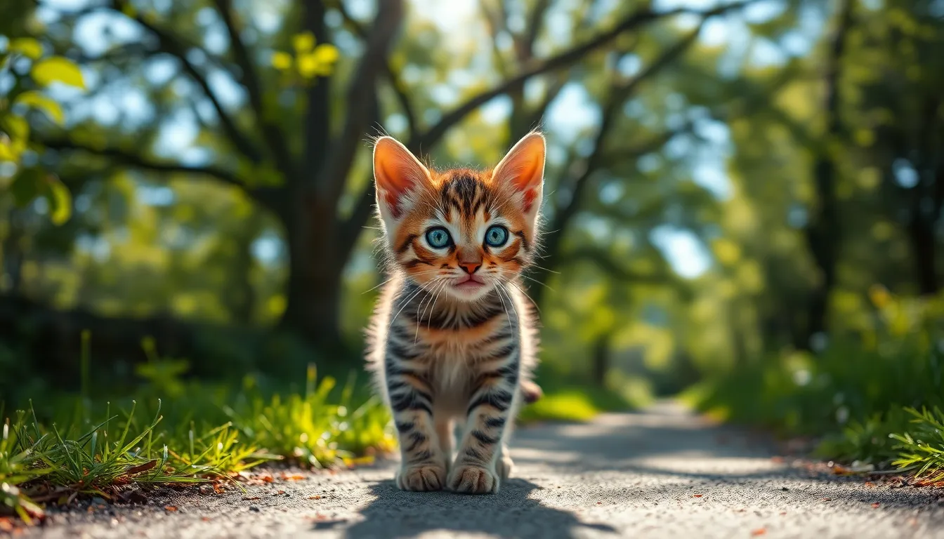 A playful kitten frolics amidst lush garden greenery, engaging with its surroundings. Dappled sunlight creates interesting patterns on its fur, while vibrant colors energize the scene. The kitten's sharp focus contrasts beautifully with the softened background, enhancing its playful nature. This heartwarming image captures the joy of a sunny day in the garden.