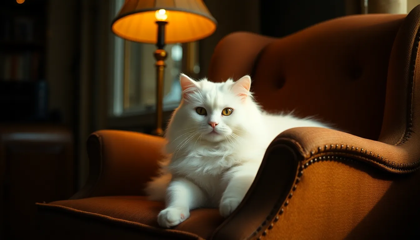 A fluffy white cat is comfortably nestled on a vintage armchair, bathed in the warm glow of a tungsten desk lamp. The scene captures the essence of home, with soft shadows and a textured fabric backdrop enhancing the cozy atmosphere. The cat's fur is richly detailed, highlighting the warm color palette reminiscent of Kodak Portra 400. The composition follows the rule of thirds, drawing the viewer's eye to the serene feline.