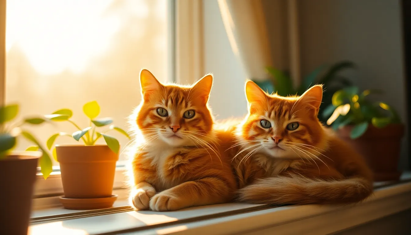 A fluffy ginger cat relaxes on a sunlit windowsill, basking in the warm golden hour light. The gentle backlight enhances the texture of its fur and creates a soft bokeh effect from the nearby potted plants. This serene scene evokes a tranquil atmosphere, with warm tones dominating the composition, perfect for showcasing the beauty of feline relaxation.