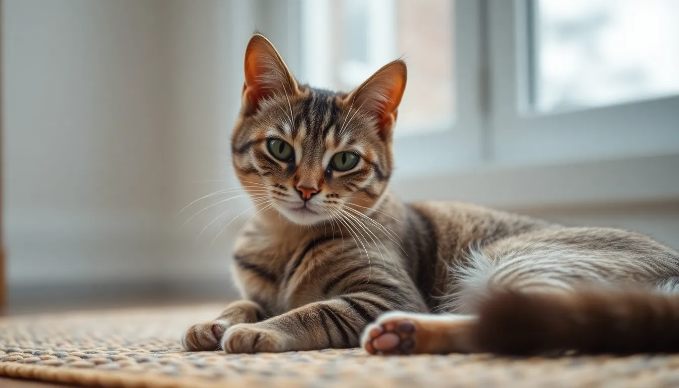 A serene tabby cat lies comfortably on a textured woven rug, illuminated by soft, overcast daylight from a nearby window. The cat's fur features intricate patterns, and it gazes calmly into the distance, embodying a peaceful domestic scene. The warm, muted colors create a cozy atmosphere, complemented by the soft bokeh of the background. This image beautifully captures the essence of a tranquil moment shared with a beloved pet.