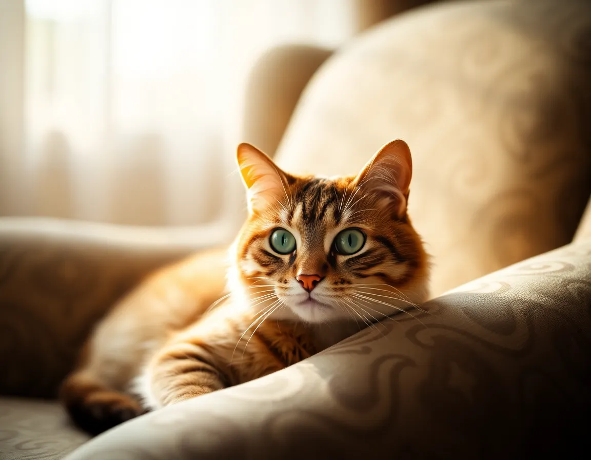 A cozy domestic scene featuring a playful tabby cat lounging on a plush armchair, bathed in soft diffused daylight. Its striking green eyes are the focal point, surrounded by warm, inviting tones that enhance the intricate patterns of the chair's fabric. The cat's fur displays rich textures, creating a scene full of warmth and comfort, perfect for animal lovers.