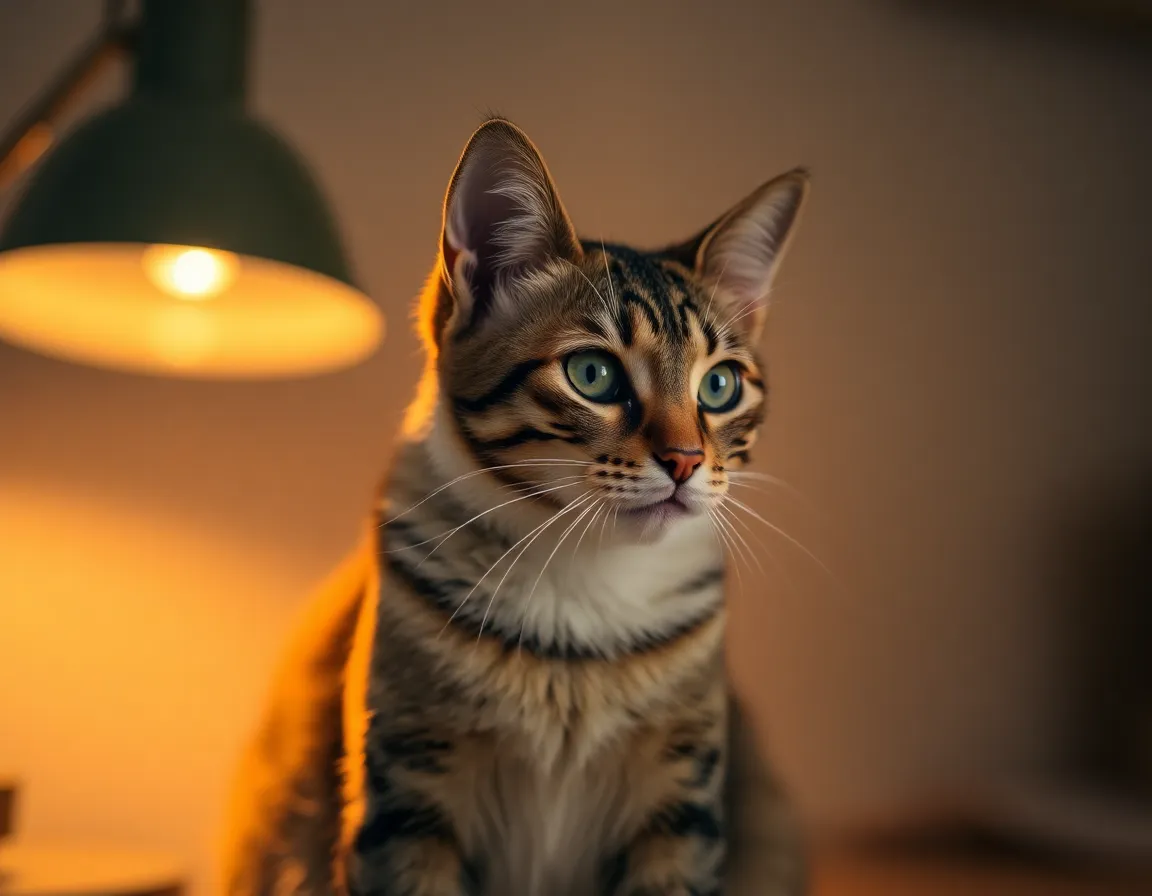 A domestic cat lounges comfortably on a textured blanket, illuminated by a warm desk lamp. The natural muted tones enhance the serene mood, with soft bokeh drawing focus to the cat’s expressive eyes and intricate fur patterns. Warm tones create a cozy atmosphere, making the scene inviting and intimate.