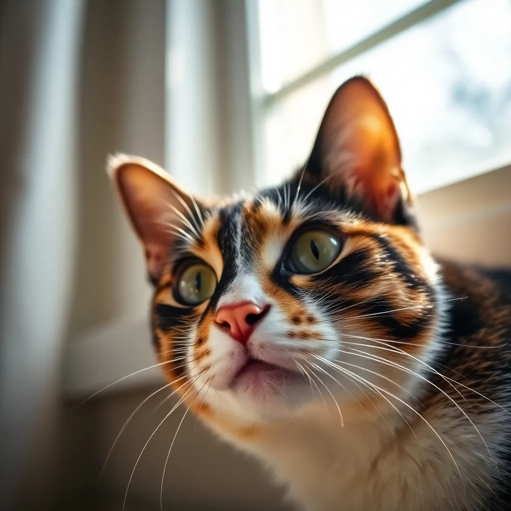 This exquisite close-up image features the face of a calico cat, revealing intricate fur patterns and vibrant colors. Illuminated by soft, diffused natural light, its captivating eyes draw the viewer in, while the background softly blurs into an artistic wash of colors. The combination of rich textures and muted tones creates an elegant feel, making this a perfect image for animal enthusiasts.