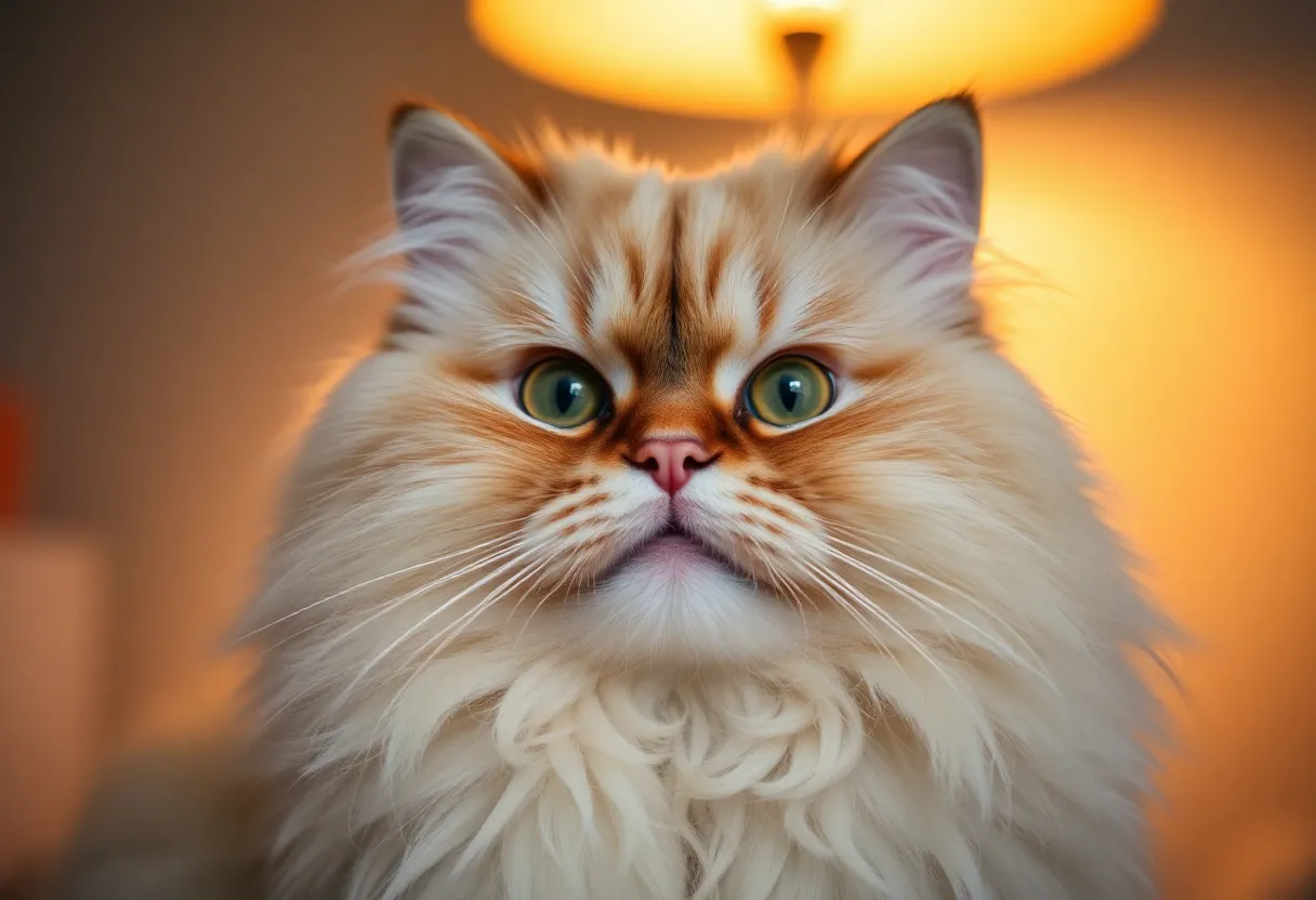 A close-up shot of a fluffy Persian cat captures its regal beauty and captivating expression under warm tungsten lighting. The rich, creamy tones of its fur contrast beautifully with the dark background, creating a sense of depth and elegance. The shallow depth of field draws attention to the cat’s mesmerizing eyes and exquisite facial features, embodying warmth and charm. The overall composition focuses tightly on the cat’s face, emphasizing its luxurious texture and inviting gaze.