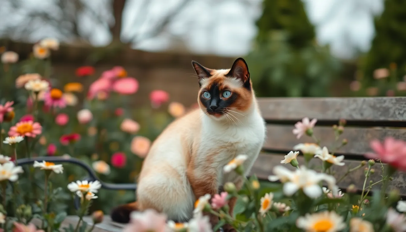 In this tranquil image, a Siamese cat sits gracefully on a garden bench surrounded by lush blooming flowers. The overcast sky creates soft diffused lighting, accentuating the beautiful contrast of the cat’s fur. Both the subject and the vibrant flowers are in sharp focus, creating a harmonious scene. The natural muted tones enhance the serene atmosphere of this idyllic outdoor setting, inviting viewers to appreciate the beauty of both the cat and its surroundings.