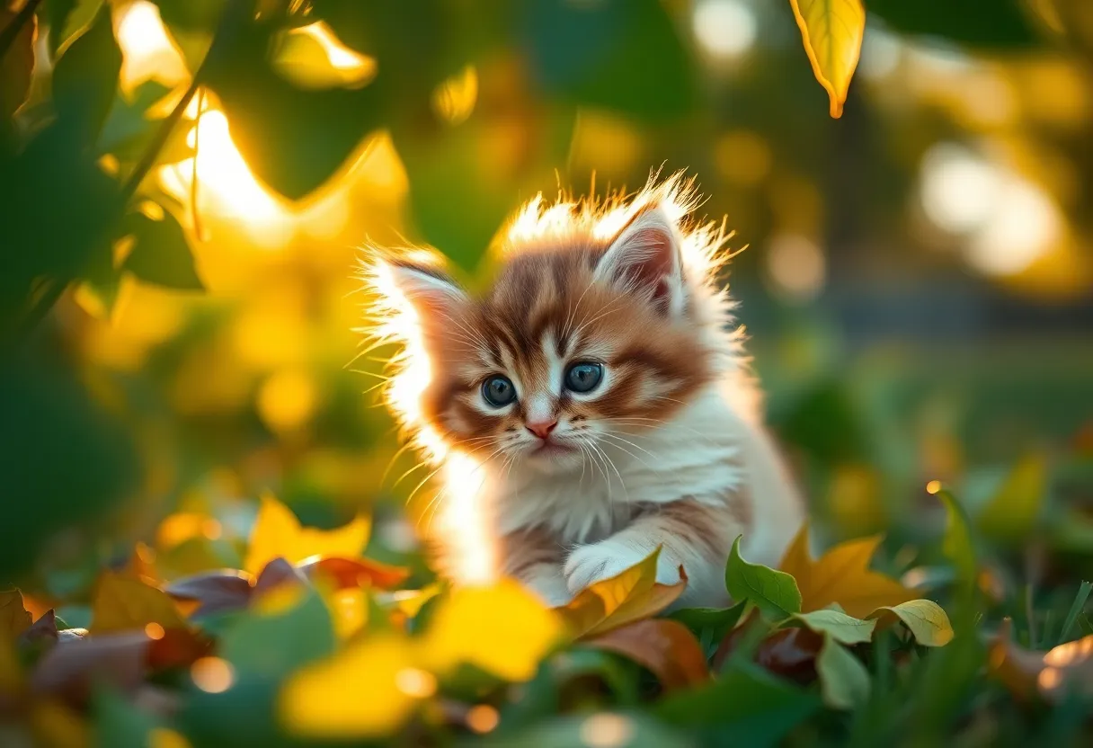 An adorable fluffy kitten is caught in a moment of playful discovery as it interacts with fallen leaves, illuminated by the warm backlighting of golden hour. The shallow depth of field creates a soft, dreamy background, allowing the vibrant colors of the scene to shine. Leading lines from the surrounding foliage frame the kitten, infusing the composition with a sense of movement and energy. Its textured fur radiates with golden undertones, perfectly capturing the joyful spirit of a delightful autumn day.