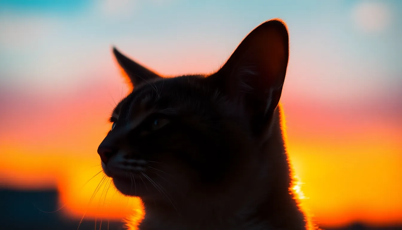 This striking image captures a cat silhouetted against a breathtaking sunset, with rich golden light outlining its form. The warm hues contrast beautifully with the cool tones in the background, creating a cinematic feel. The cat’s soft fur catches the light, adding depth to the image, while the shallow depth of field emphasizes the serene moment as day transitions to night.